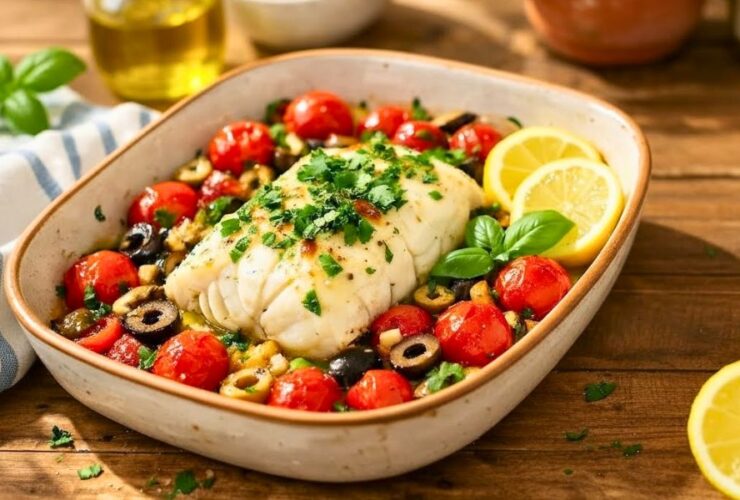 Mediterranean Baked Cod Tomatoes Olives Recipe