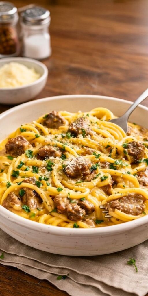 Cajun Beef Spaghetti with Three-Cheese Parmesan Sauce Recipe