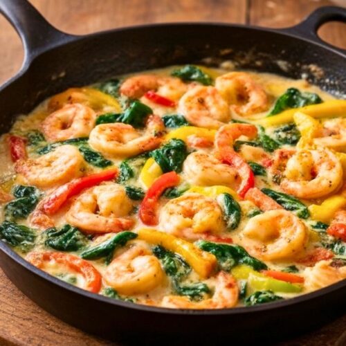 Creamy Parmesan Shrimp with Peppers & Spinach Recipe