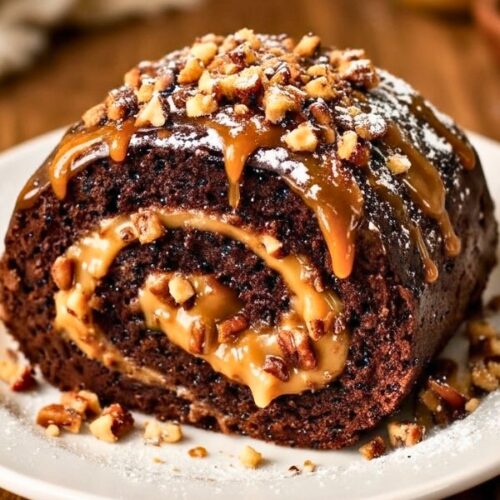 Goofy Chocolate Caramel Pecan Cake Roll Recipe