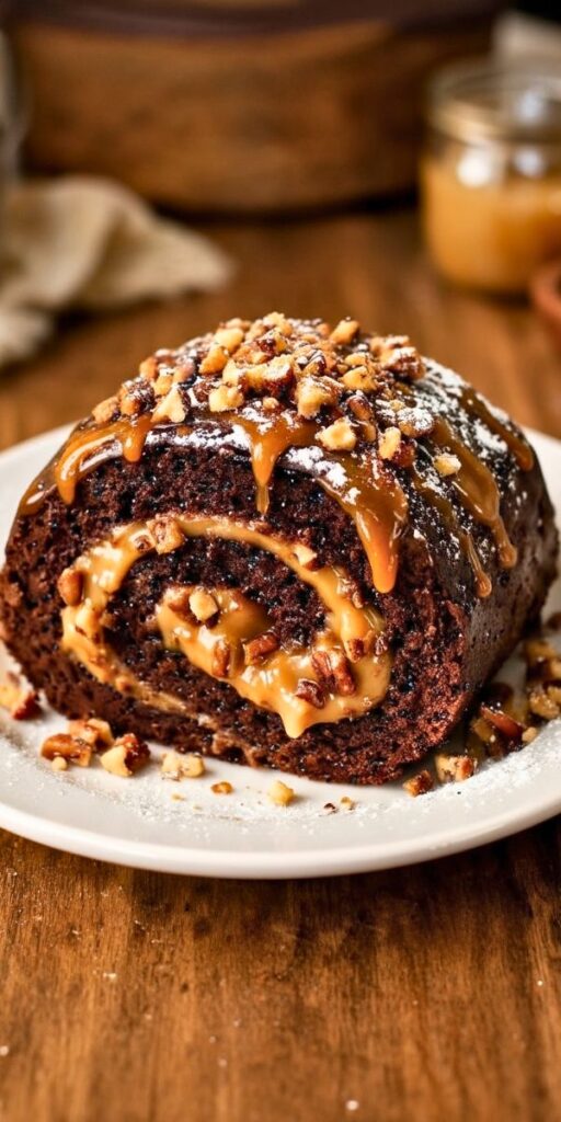 Goofy Chocolate Caramel Pecan Cake Roll Recipe