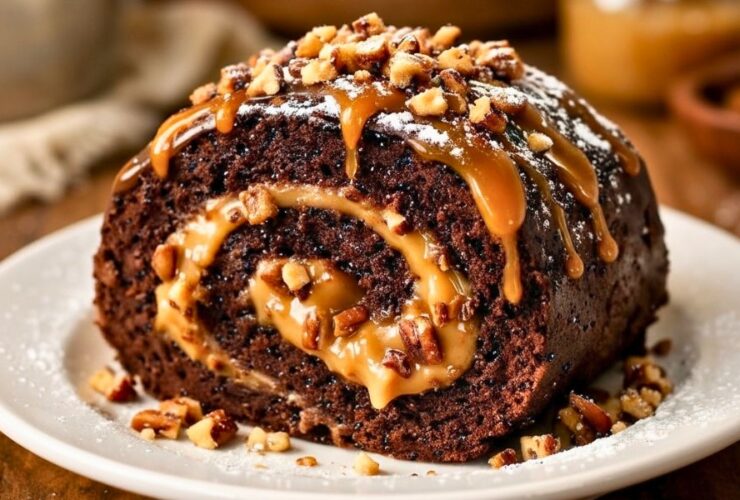 Goofy Chocolate Caramel Pecan Cake Roll Recipe