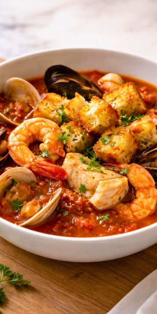 Bobby Flay Fulton Fish Market Cioppino With Sourdough Croutons Recipe