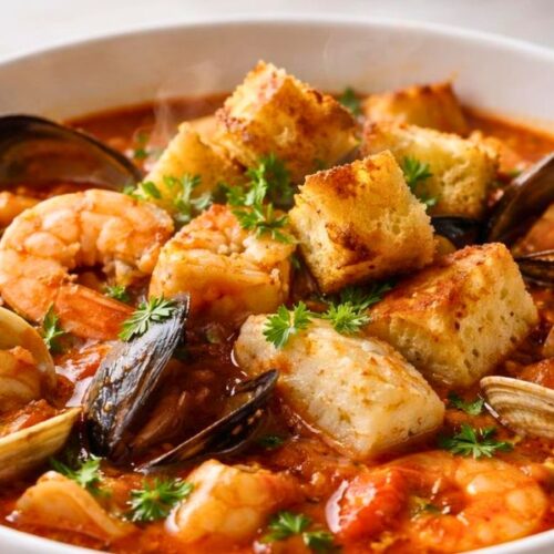 Bobby Flay Fulton Fish Market Cioppino With Sourdough Croutons Recipe