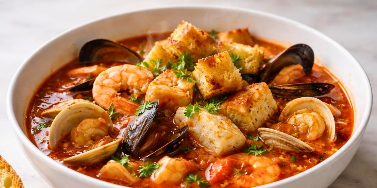 Bobby Flay Fulton Fish Market Cioppino With Sourdough Croutons Recipe