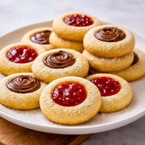 The Delicious Bull’s Eye Cookies with Nutella and Jam Filling Recipe is sweet, soft and very fun to make. These cookies have a beautiful center filled with chocolate Nutella and fruity jam.
