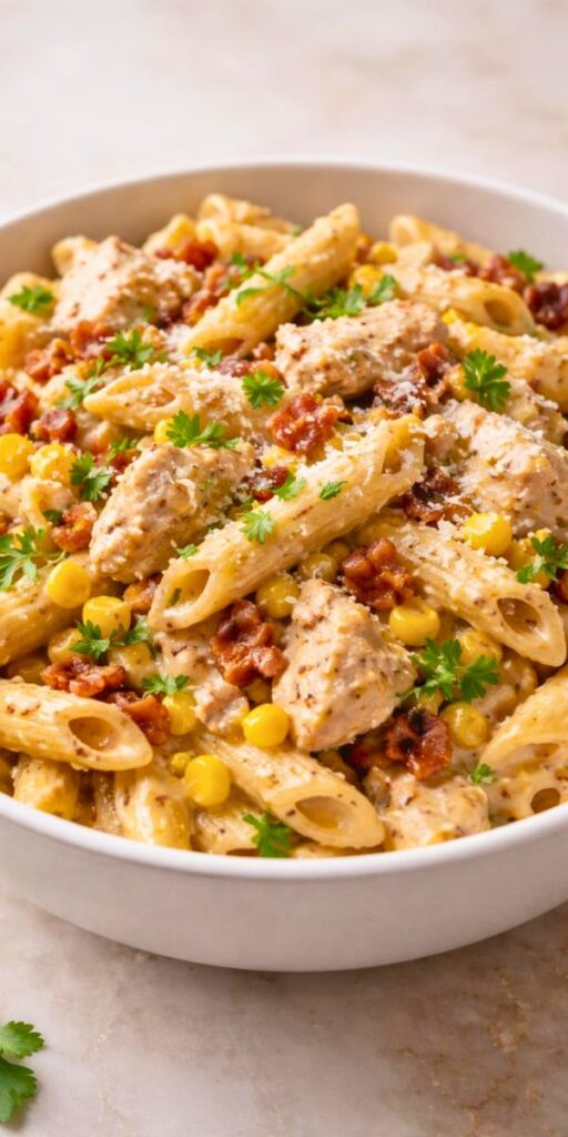 Creamy Chicken and Corn Pasta with Bacon Recipe