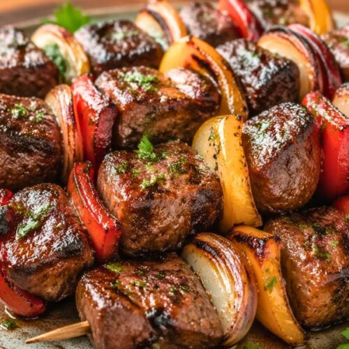 Grilled Steak Kebabs with Garlic Herb Butter Recipe