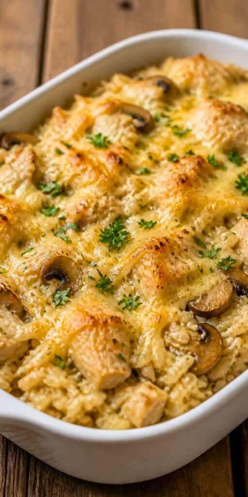 Delicious Baked Rice With Chicken and Mushrooms Recipe