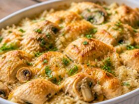 Delicious Baked Rice With Chicken and Mushrooms Recipe