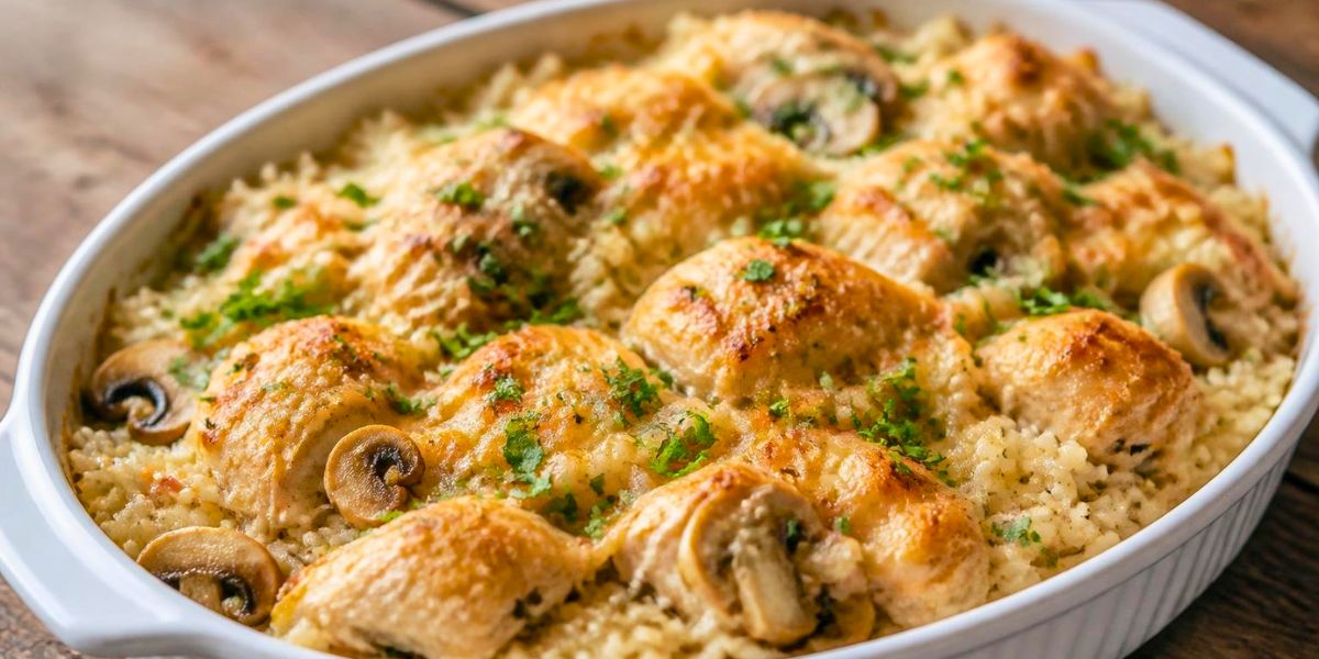 Delicious Baked Rice With Chicken and Mushrooms Recipe