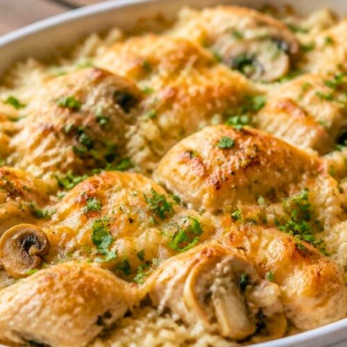 Delicious Baked Rice With Chicken and Mushrooms Recipe